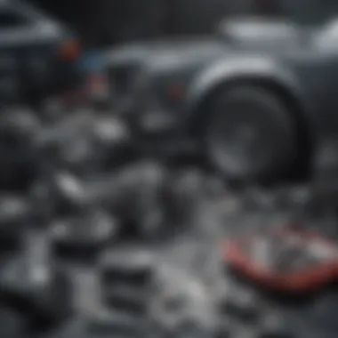 A detailed view of car parts laid out for assessment and repair
