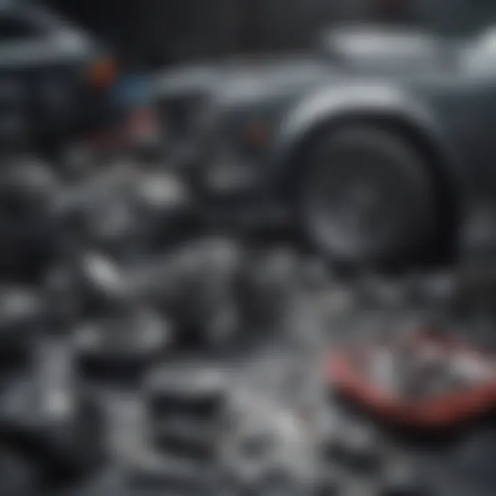 A detailed view of car parts laid out for assessment and repair