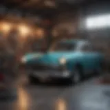 A classic car in a garage awaiting restoration with tools and parts nearby