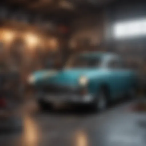 A classic car in a garage awaiting restoration with tools and parts nearby