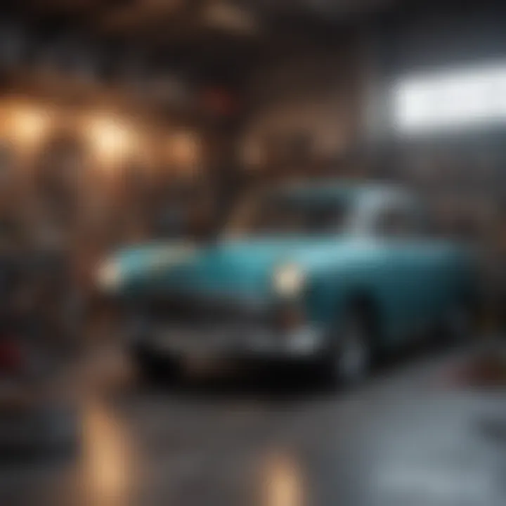 A classic car in a garage awaiting restoration with tools and parts nearby