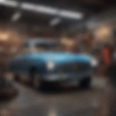 An organized workspace with tools and an old car ready for repair work