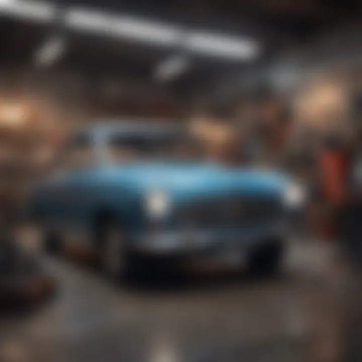 An organized workspace with tools and an old car ready for repair work