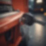 A close-up view of a truck ignition still running with keys inside.
