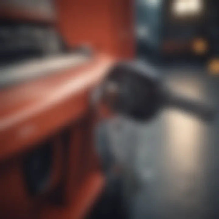 A close-up view of a truck ignition still running with keys inside.