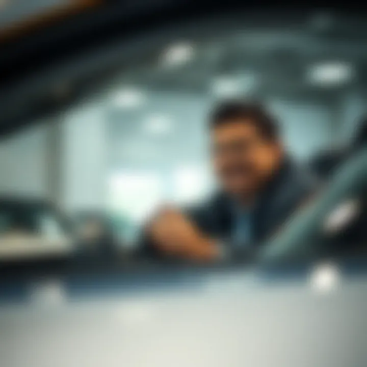 A satisfied buyer examining a used car