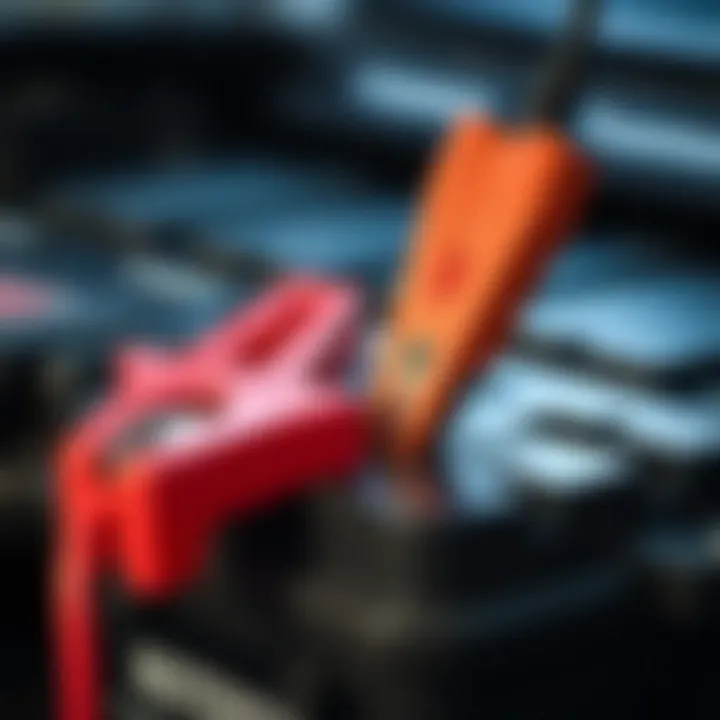 Jumper cables in action on a car battery Close-up of jumper cables connected to a car battery