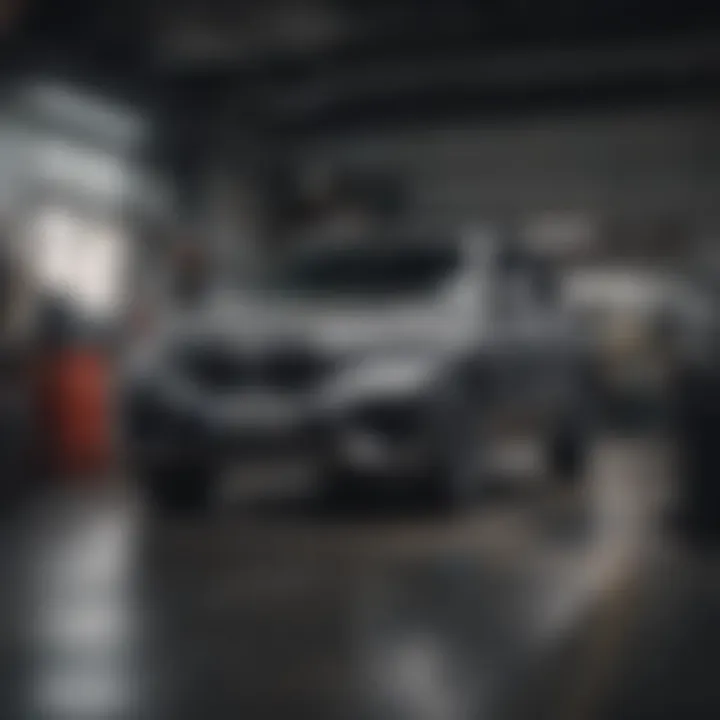 A BMW SUV being serviced at a mechanic shop, illustrating maintenance aspects.