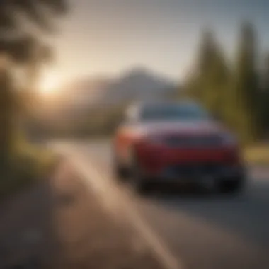 Jeep Grand Cherokee on a road with a warning sign
