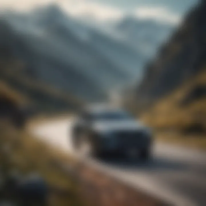 Dynamic view of an AWD SUV navigating a scenic mountain road.