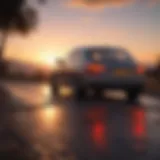 A scenic view of a car stranded on the side of the road with a sunset in the background.