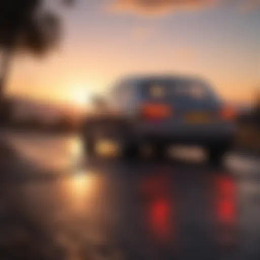 A scenic view of a car stranded on the side of the road with a sunset in the background.