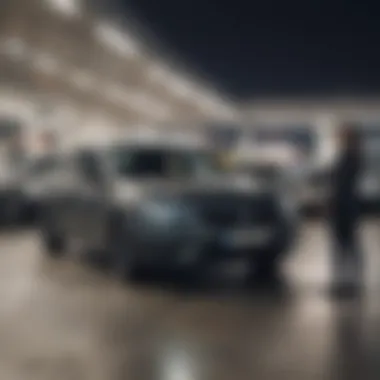 Customer service representative assisting a client in a car lot