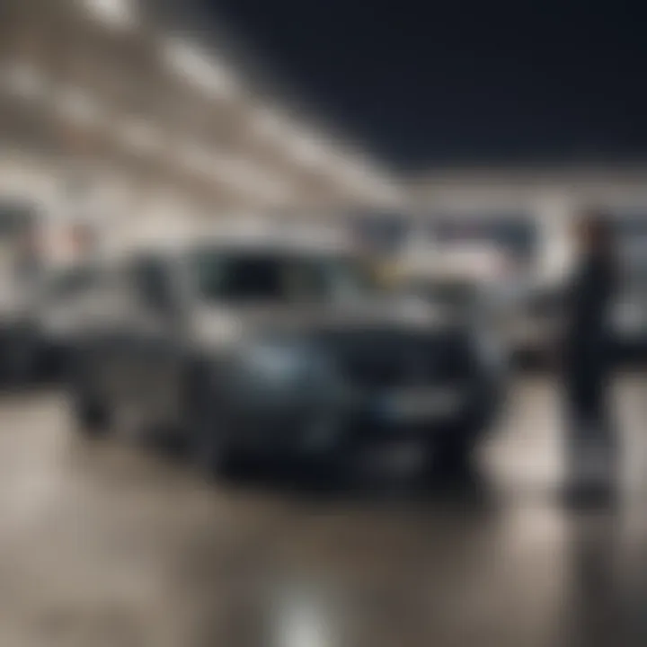 Customer service representative assisting a client in a car lot