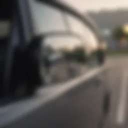 A close-up view of a blind side camera mounted on a vehicle side mirror, showcasing its sleek design and functionality.