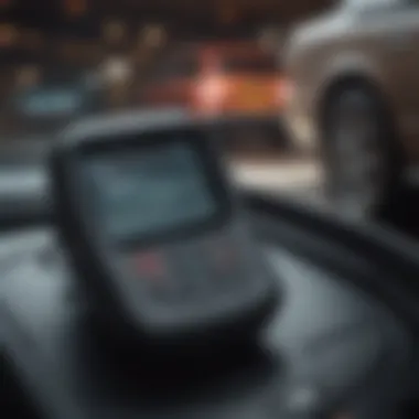 Close-up view of a car code reader connected to a vehicle's OBD-II port, highlighting the diagnostic process.