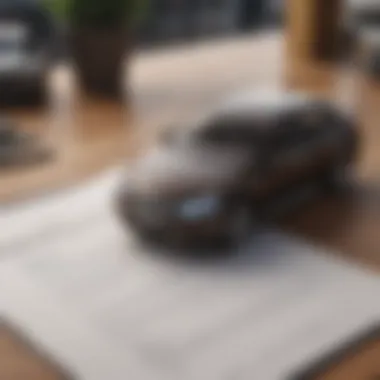 A close-up of a car insurance policy document on a wooden desk.