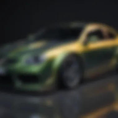 An array of car wraps displayed at an automotive expo, highlighting current design trends