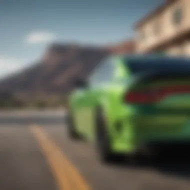 Sleek profile of the Green Dodge Charger Hellcat showcasing its aerodynamic design