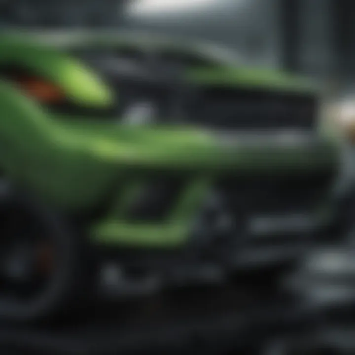 Close-up of the Green Dodge Charger Hellcat's powerful engine