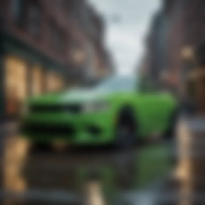 Green Dodge Charger Hellcat parked in a dynamic urban setting