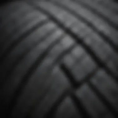 Close-up of tire tread patterns highlighting performance metrics.