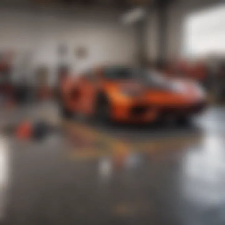 Tools and materials laid out for applying epoxy to a garage floor, emphasizing preparation and planning.