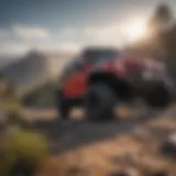 A rugged Jeep Wrangler equipped with off-road tires on a rocky trail