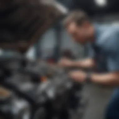 A mechanic inspecting a car's engine and warranty information.