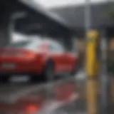 Close-up of a drive-in car wash machine in action