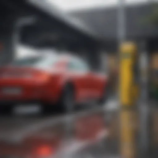 Close-up of a drive-in car wash machine in action
