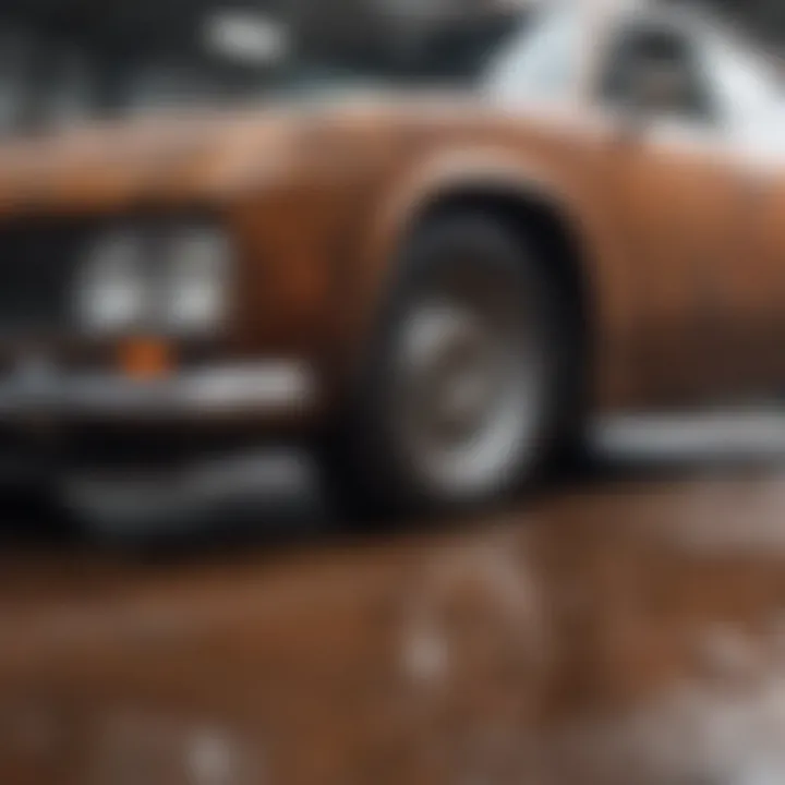 Applying rust treatment on a damaged car area.