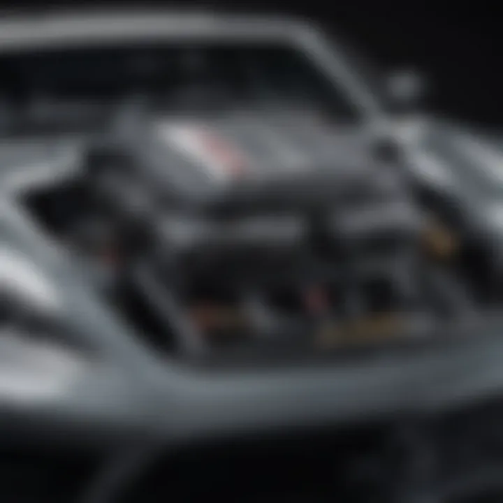 An engine compartment of a luxury car, highlighting advanced engineering and quality.
