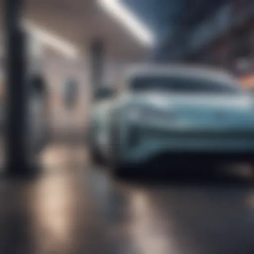 A sleek electric vehicle charging at a modern station