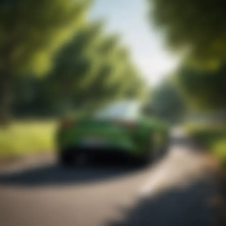 An electric vehicle cruising through a green landscape