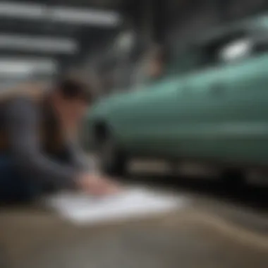 A person examining a vehicle with a checklist