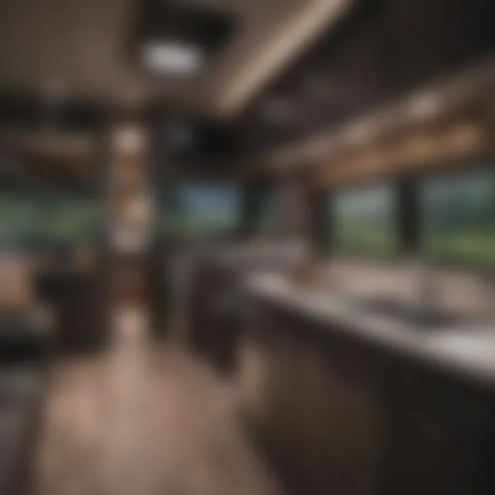 Interior view of an all electric RV camper highlighting amenities