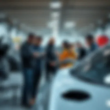 A diverse team collaborating in an automotive workshop