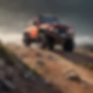 A scenic view showcasing an economical four-wheel drive vehicle navigating rugged terrain