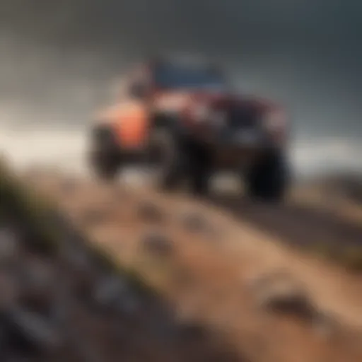 A scenic view showcasing an economical four-wheel drive vehicle navigating rugged terrain