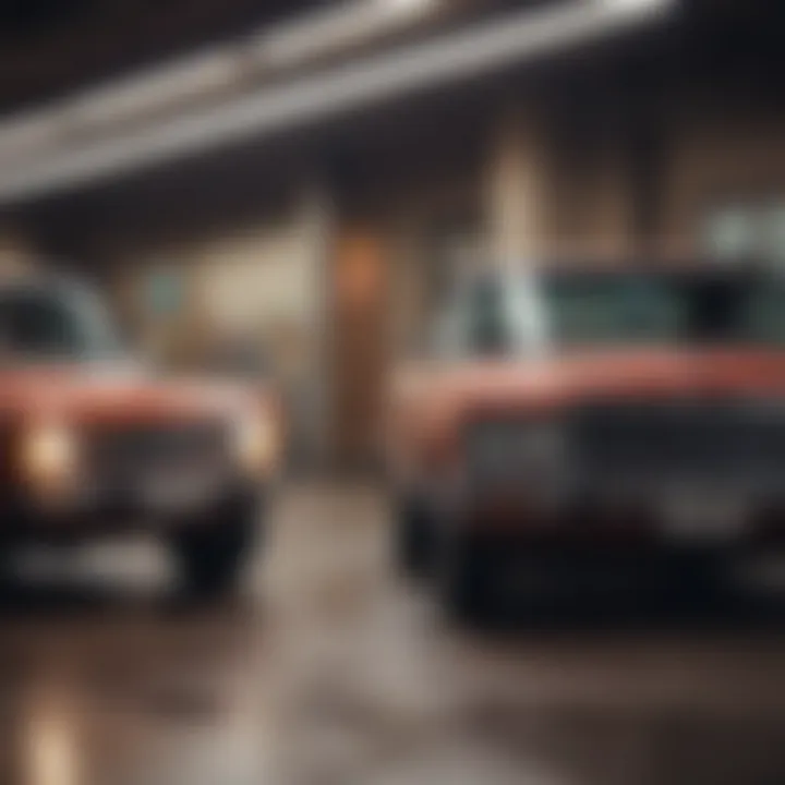 An older car parked in a bank's parking lot, symbolizing financing options.