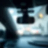 A close-up view of a forward facing vehicle camera mounted on a car windshield.