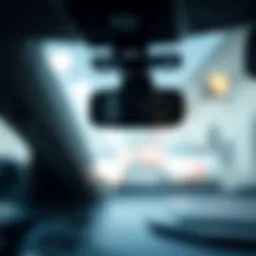 A close-up view of a forward facing vehicle camera mounted on a car windshield.