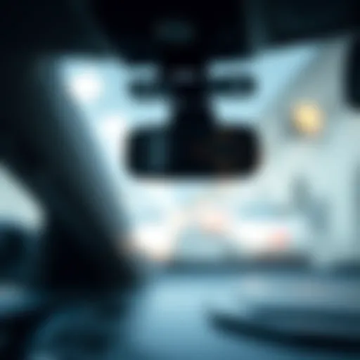 A close-up view of a forward facing vehicle camera mounted on a car windshield.