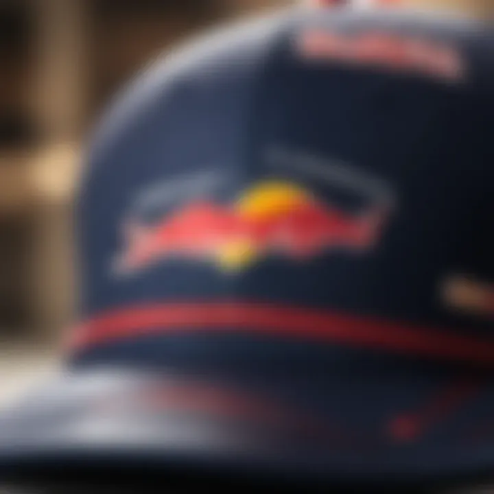 Close-up of a Red Bull Racing cap with logo and unique design
