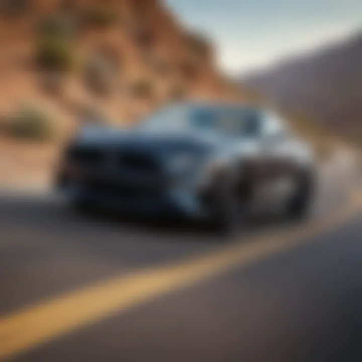 Dynamic action shot of the 2021 California Special Mustang in motion on a scenic road.
