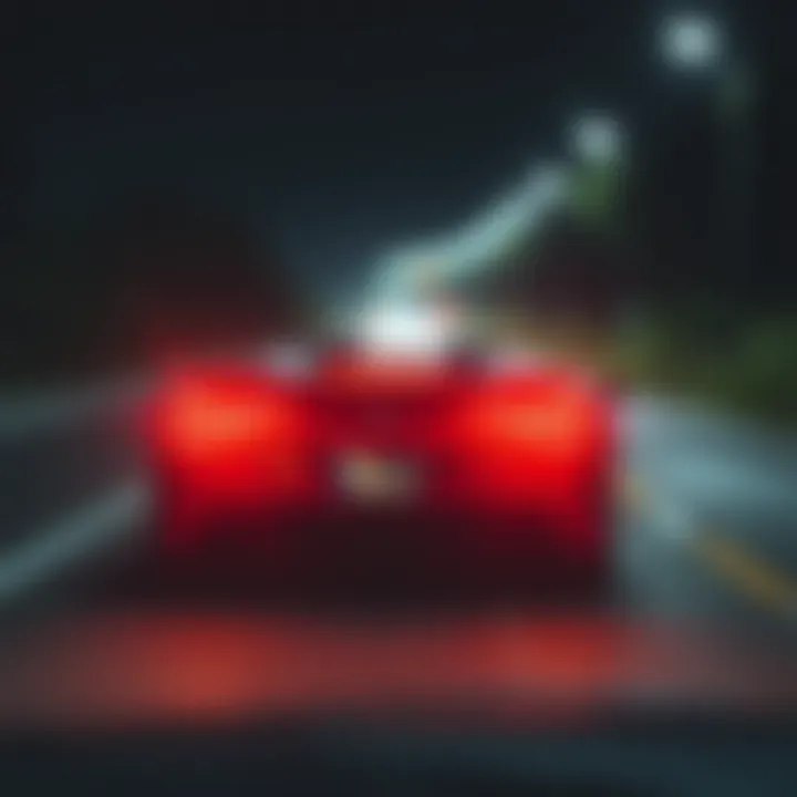 Nighttime road illuminated by headlights