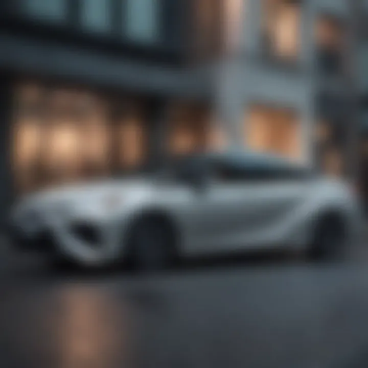 The sleek exterior design of the used Toyota Mirai parked in an urban setting, emphasizing its modern aesthetics.