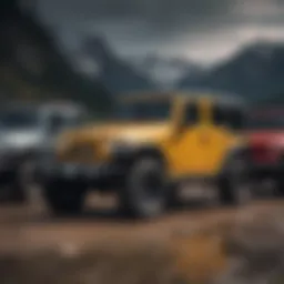 A lineup of used Jeep Wranglers showcasing various models and colors.