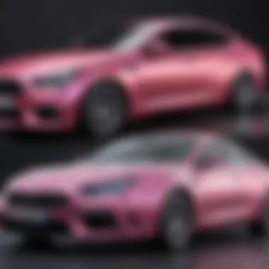 Before and after comparison of a vehicle pre- and post-application of pearlescent pink wrap